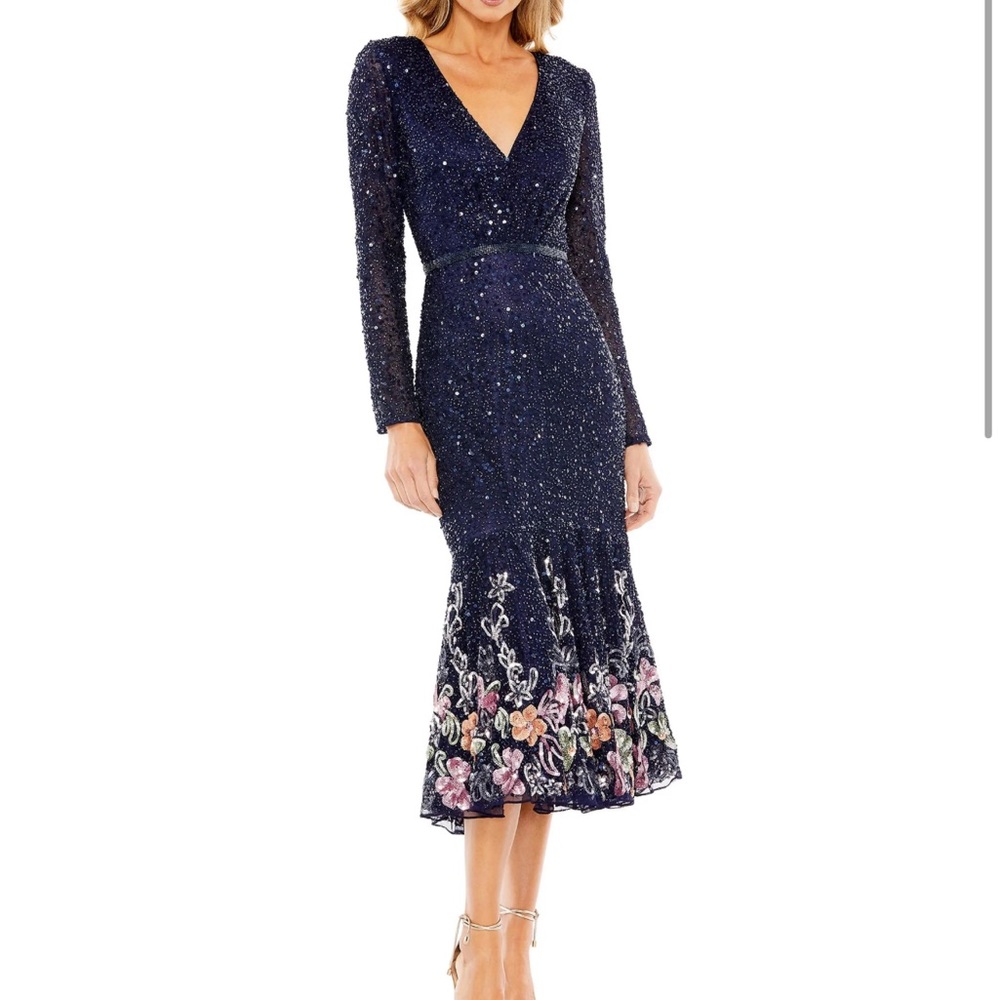 Mac Duggal A5589 Floral Hem Long Sleeve Dress